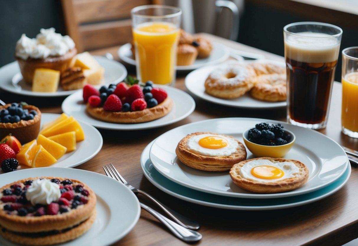 A table set with two plates of food and drinks, surrounded by a variety of breakfast items such as pastries, fruits, and beverages