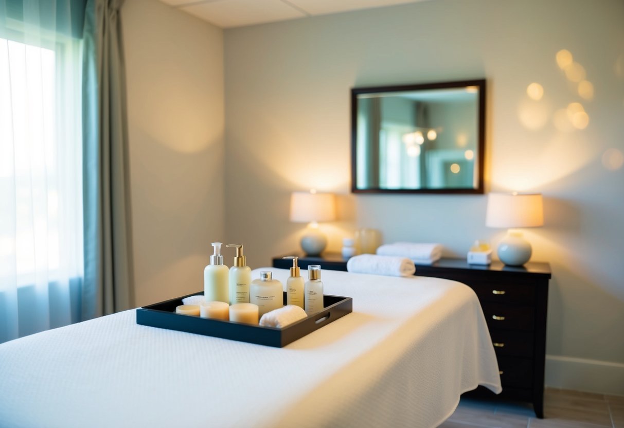 A serene spa room with a massage table, soft lighting, and a tray of luxurious spa products