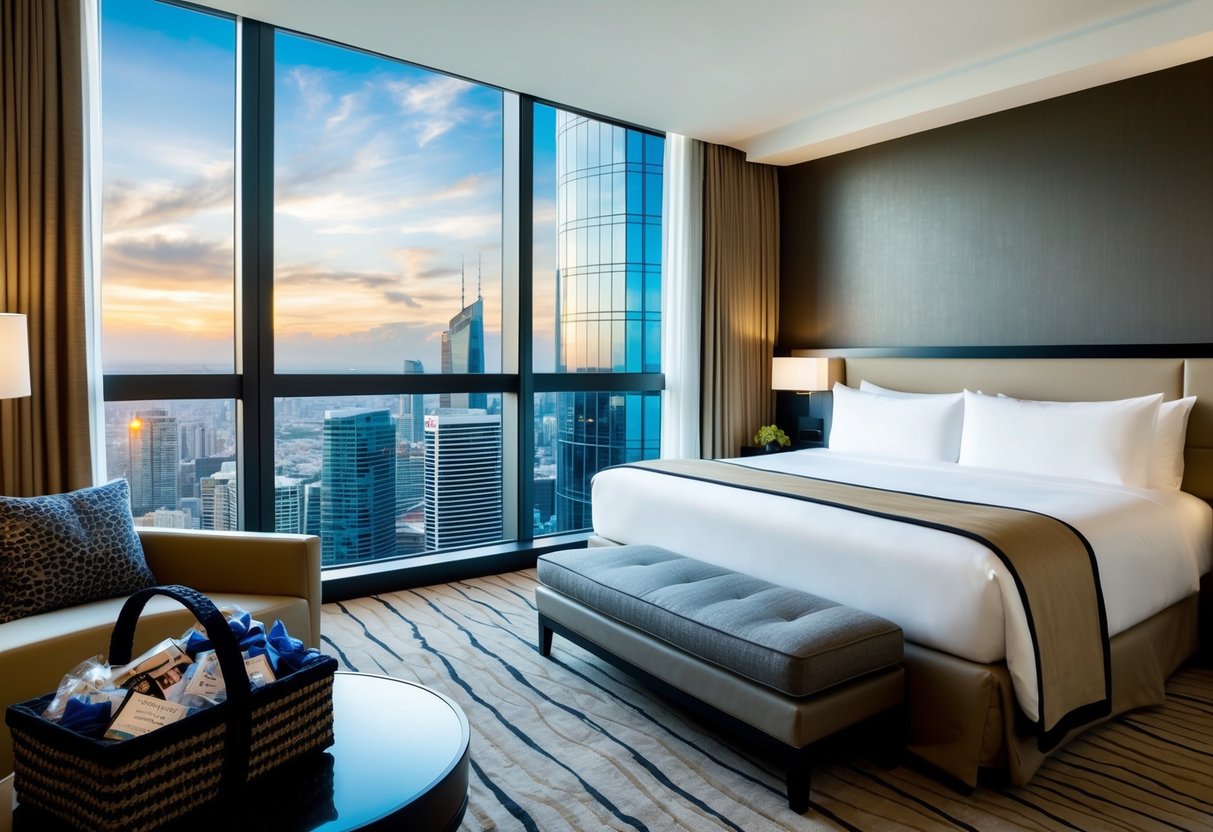 A luxurious hotel room with a stunning city view, modern furnishings, and a welcome gift basket