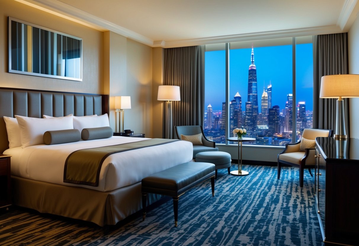 A luxurious hotel suite with a king-sized bed, elegant furnishings, and a view of a sparkling city skyline