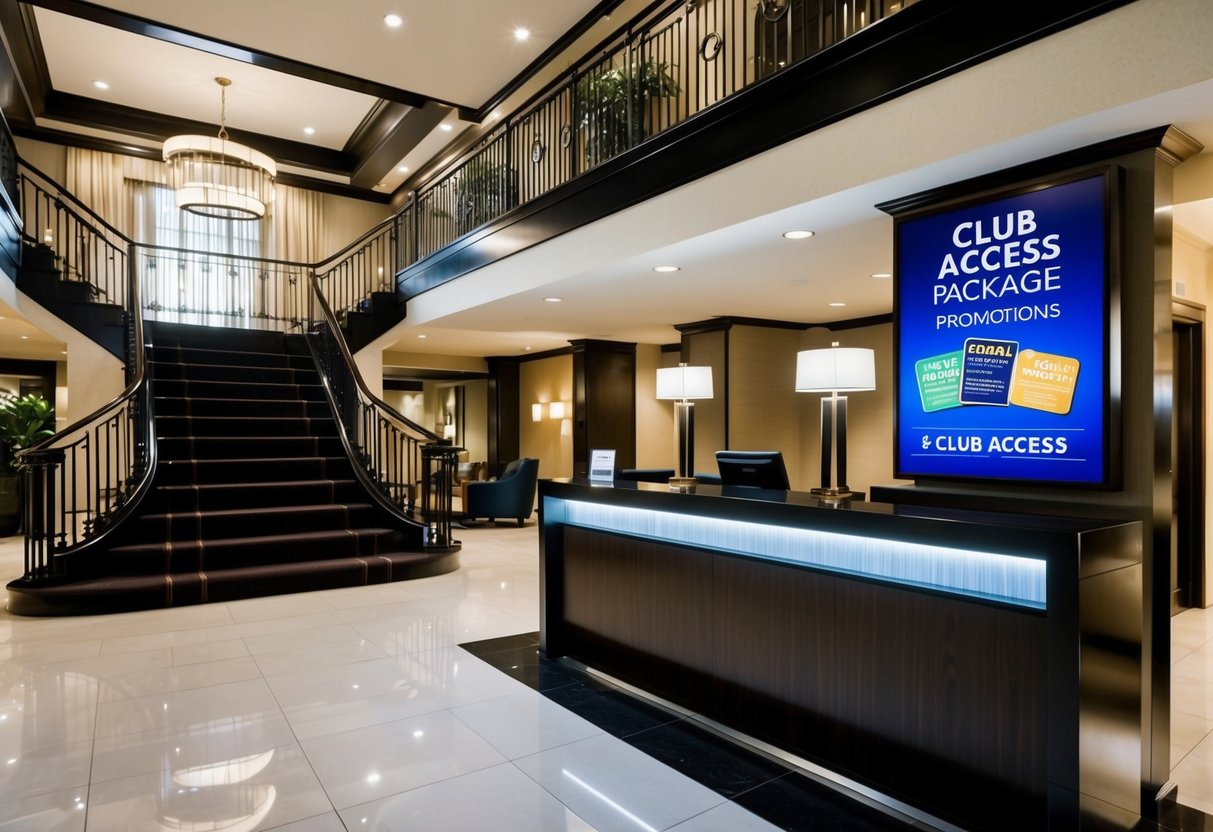 A luxurious hotel lobby with a grand staircase, modern furnishings, and a sleek reception desk. A sign advertises the Club Access Package promotions