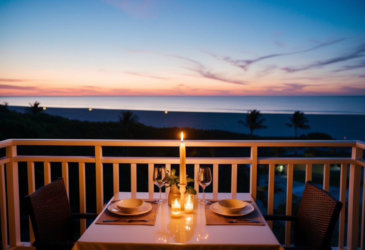 A candlelit dinner on a private balcony overlooking a serene beach at sunset