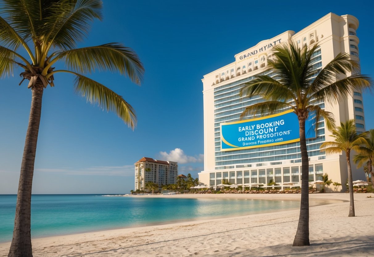 A sunny beach with palm trees and a luxurious hotel in the background. A banner advertising "Early Booking Discount grand hyatt promotions" is displayed on the hotel's facade