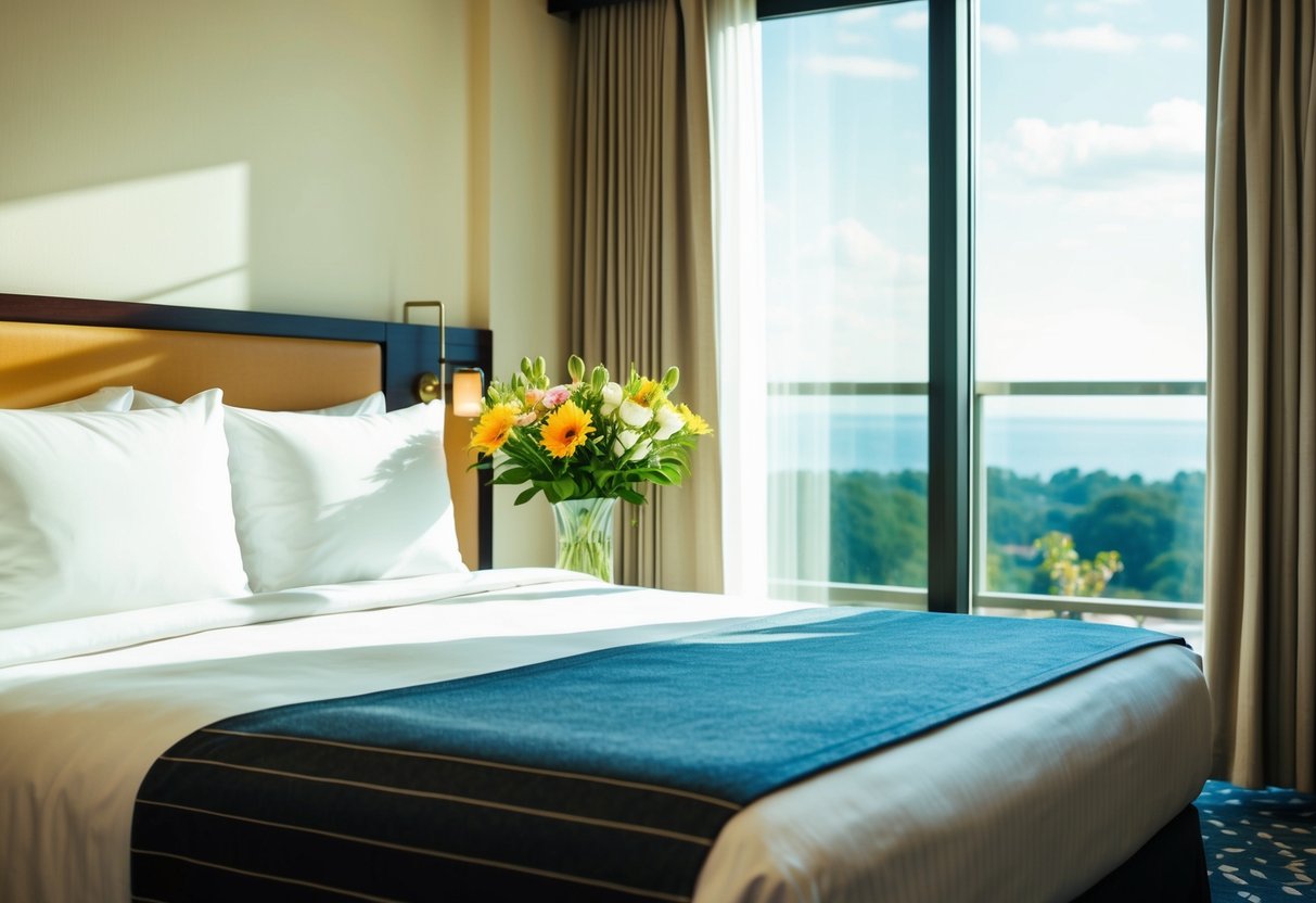 A sunlit hotel room with a neatly made bed, a vase of fresh flowers, and a view of a serene landscape through the window