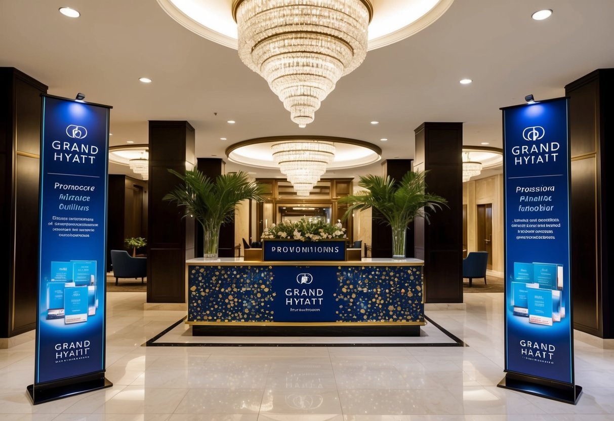 A luxurious hotel lobby with a prominent display of promotional materials and signage for Grand Hyatt promotions