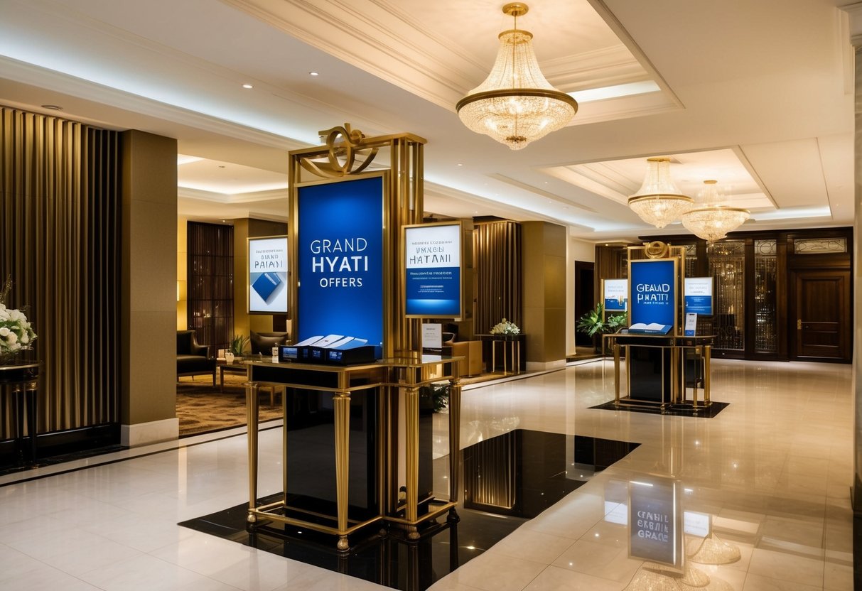 A luxurious hotel lobby with elegant decor and a prominent display of promotional materials for Grand Hyatt offers