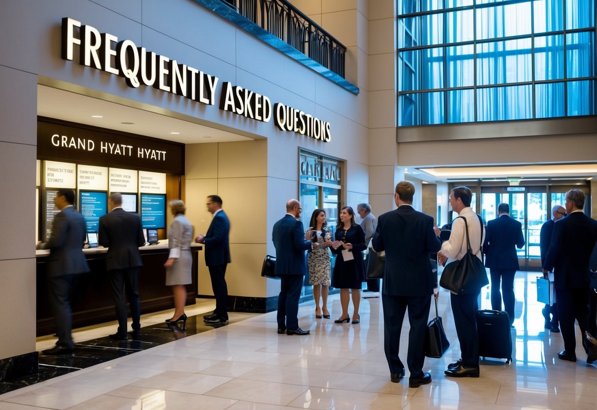 A bustling hotel lobby with a prominent "Frequently Asked Questions" display and people inquiring about grand Hyatt promotions