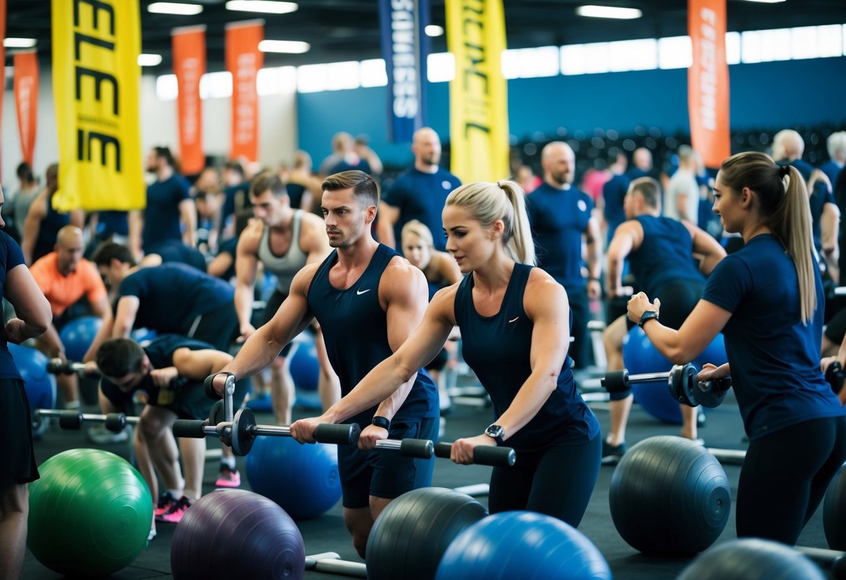 A crowded gym with bright banners and promotional signs. People exercising and trainers assisting