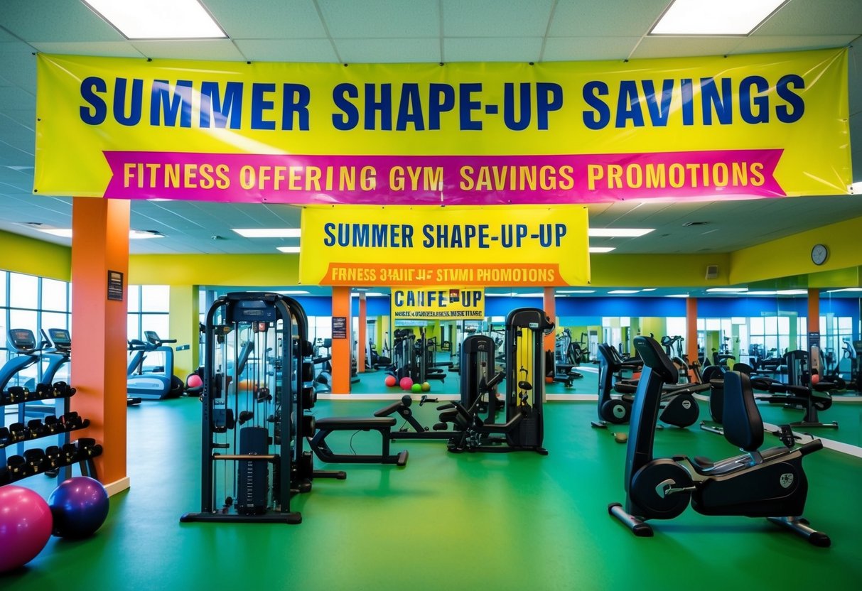 Bright gym interior with vibrant banners, offering Summer Shape-Up Savings promotions. Fitness equipment and colorful workout gear on display