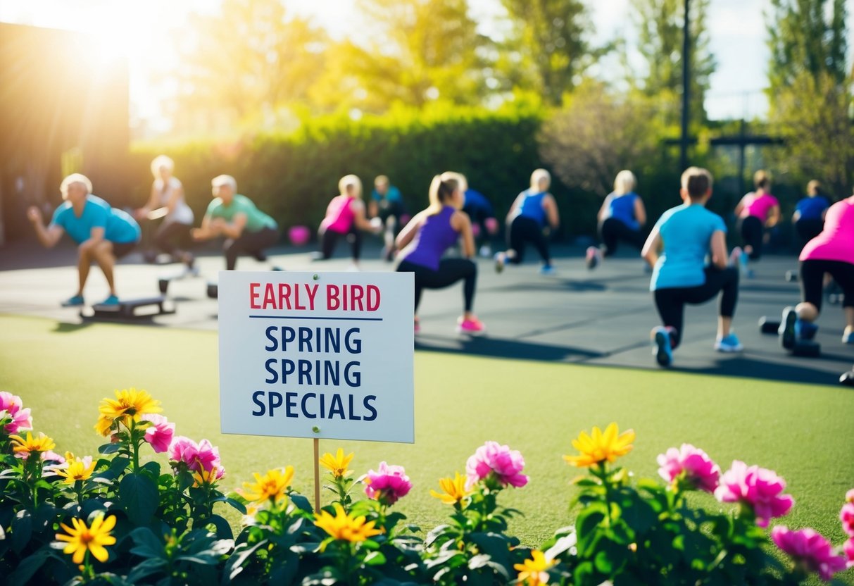 A sunny gym with blooming flowers, a sign promoting "Early Bird Spring Specials," and people exercising