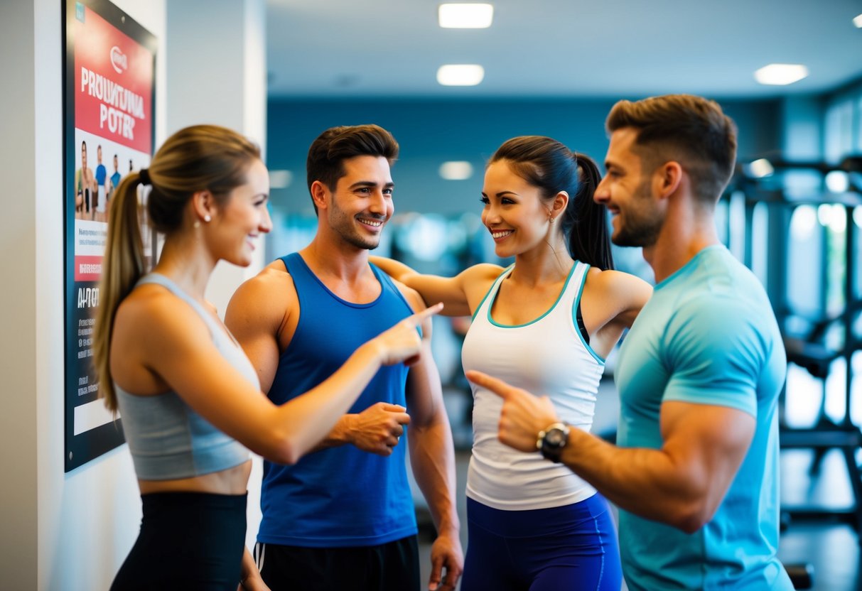 A group of friends exercising together in a gym, with one person pointing to a promotional poster on the wall