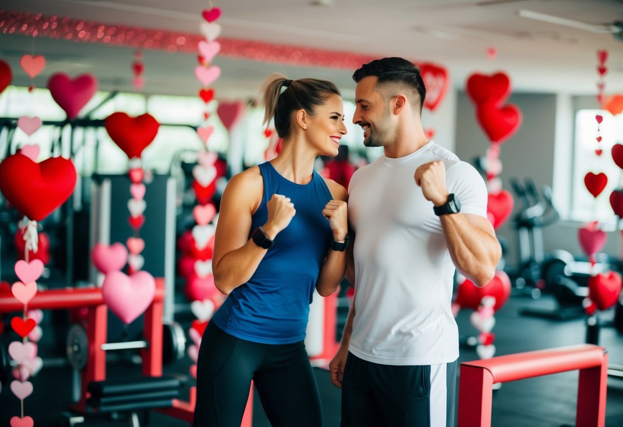 A couple working out together in a gym, surrounded by Valentine's Day decorations and promotional materials