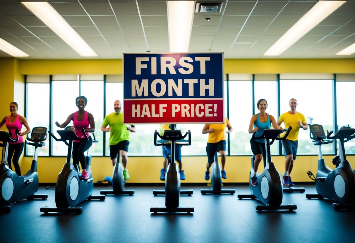 A brightly lit gym with a large sign advertising "First Month Half Price!" surrounded by exercise equipment and energetic patrons