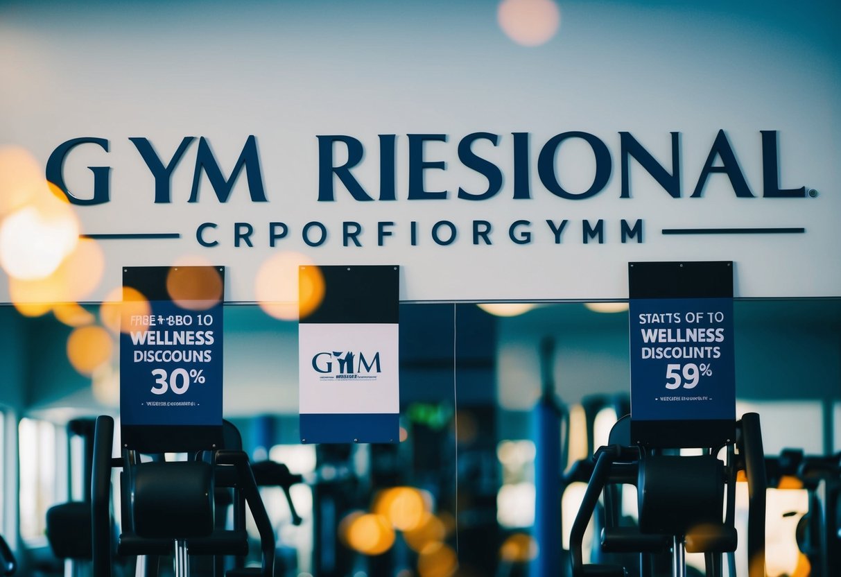 A gym with corporate logos on the walls, featuring promotional signage for wellness discounts