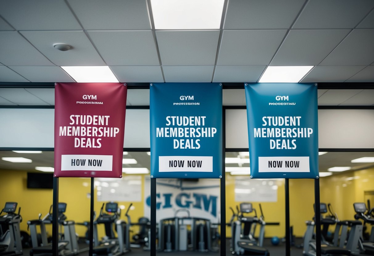 A gym with promotional banners and signs advertising student membership deals
