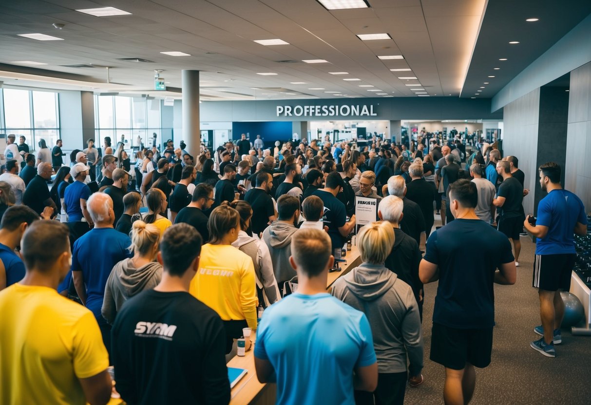 A crowded gym lobby with people lining up at a promotional booth, while others exercise in the background