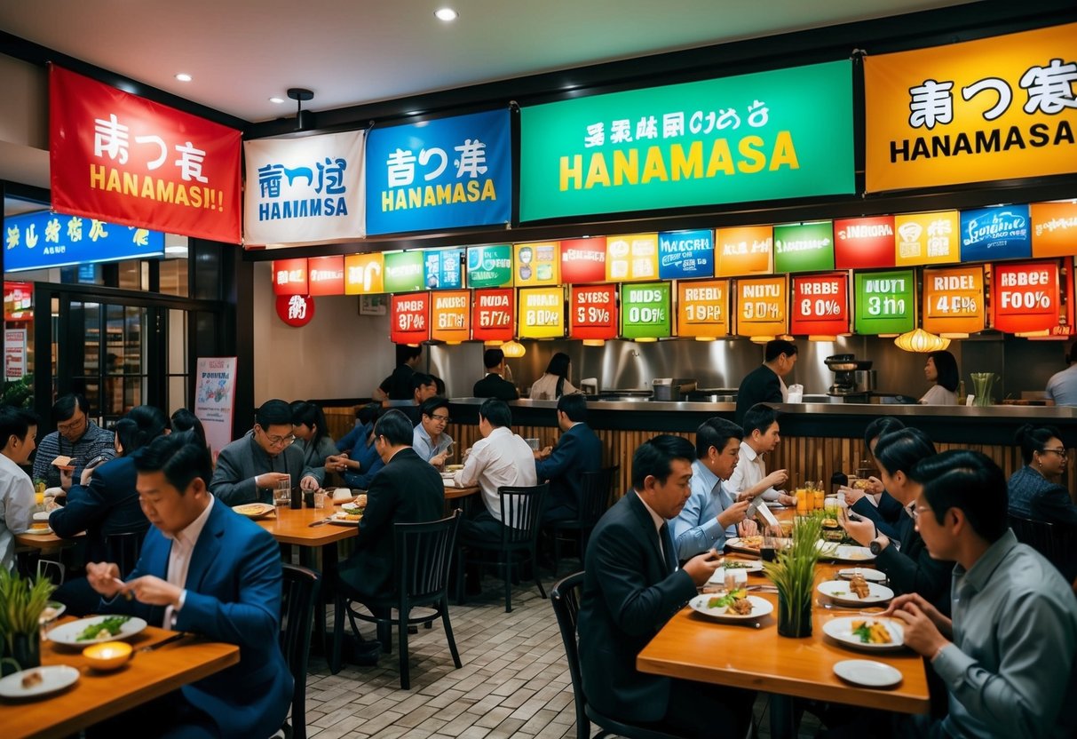 A bustling restaurant with colorful banners and signs promoting Hanamasa's special offers and discounts. Customers are seen enjoying their meals at the tables
