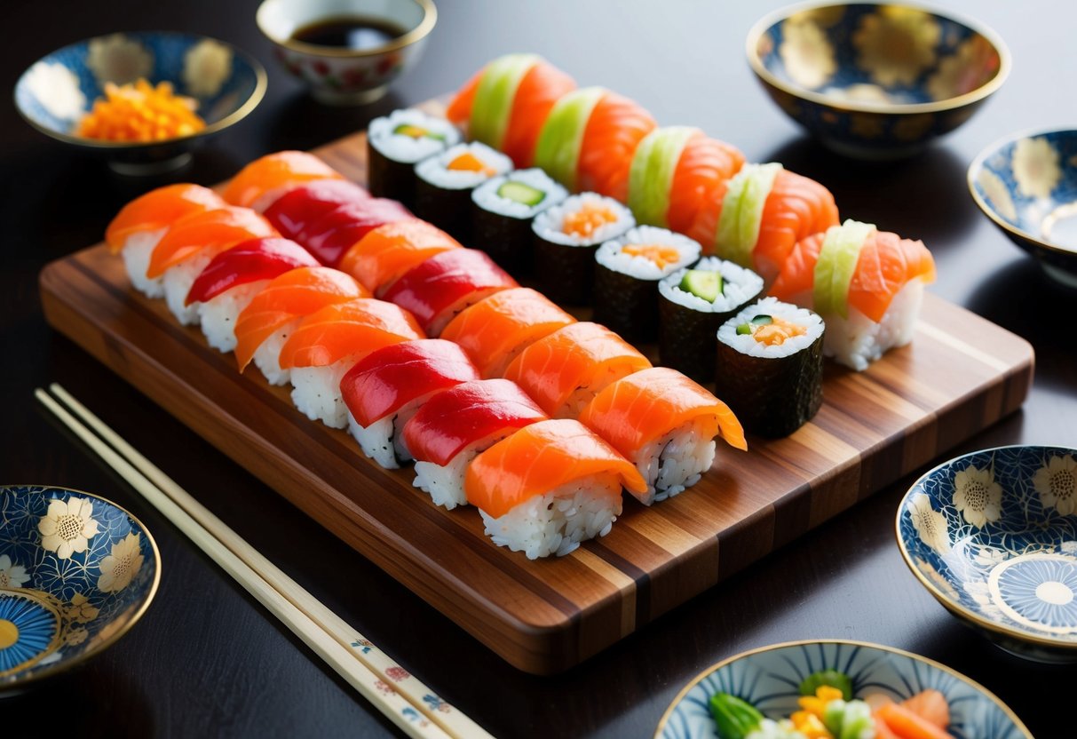 A colorful array of sushi rolls arranged on a wooden board, surrounded by decorative Japanese dishes and chopsticks