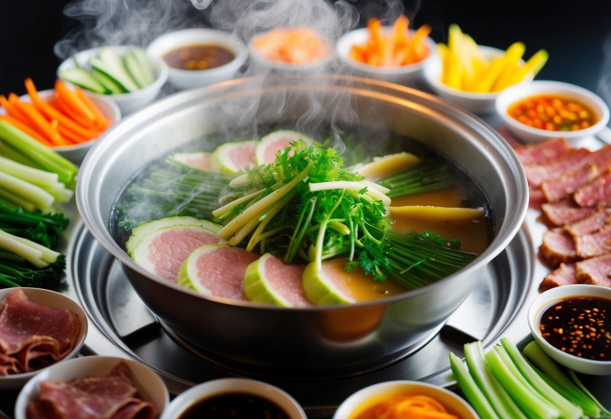 A steaming hot pot surrounded by fresh vegetables and thinly sliced meats, with a colorful array of dipping sauces on the side