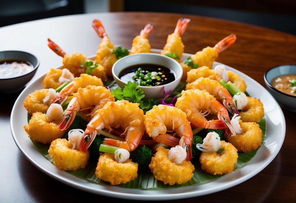 A platter of golden tempura shrimp, vegetables, and seafood arranged with decorative garnishes and dipping sauces