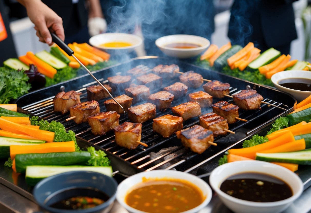 A sizzling assortment of yakiniku grilling on a smoky barbecue, surrounded by fresh vegetables and savory sauces at a Hanamasa promotions event