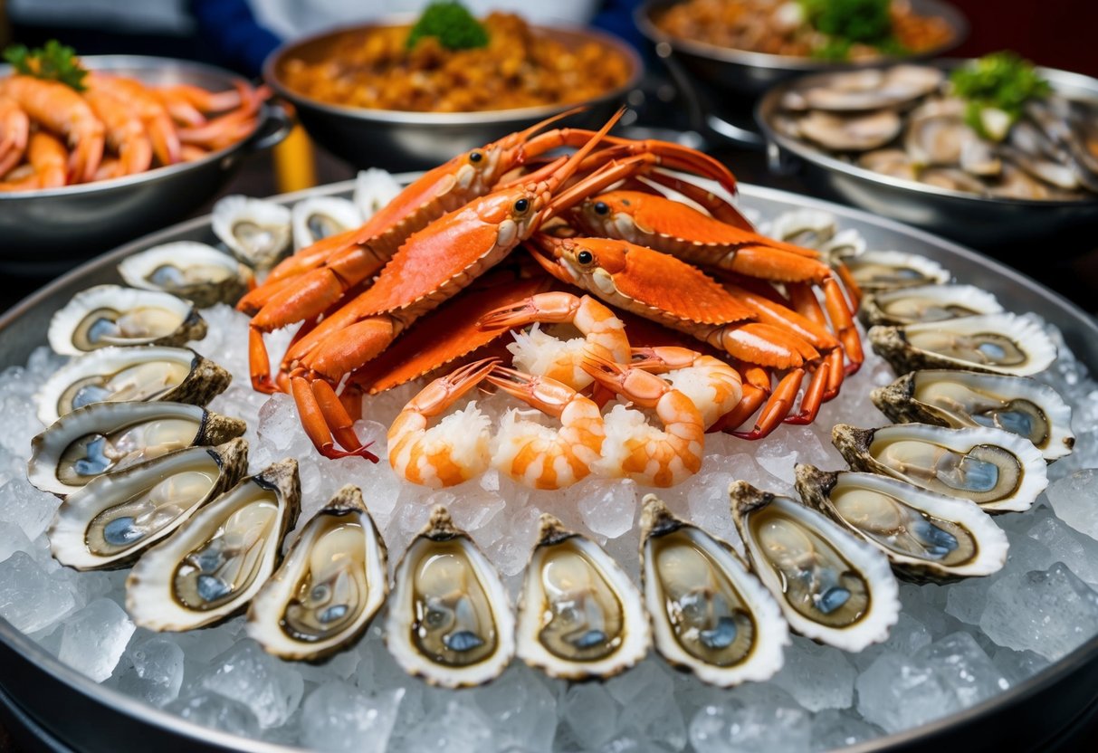 A lavish spread of fresh seafood, including succulent crab legs, plump shrimp, and glistening oysters, displayed on a bed of ice at the Hanamasa promotions