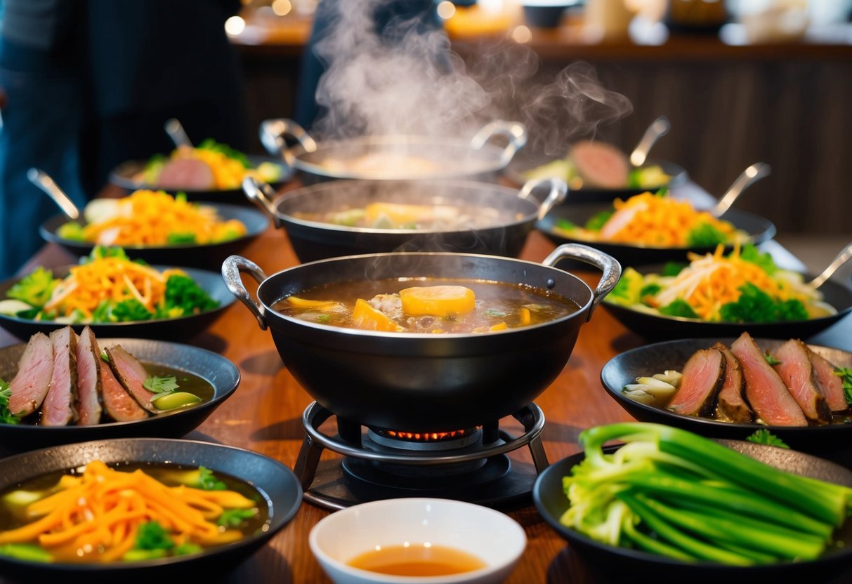 A table set with sizzling hot pots, surrounded by fresh vegetables, thinly sliced meat, and steaming broth
