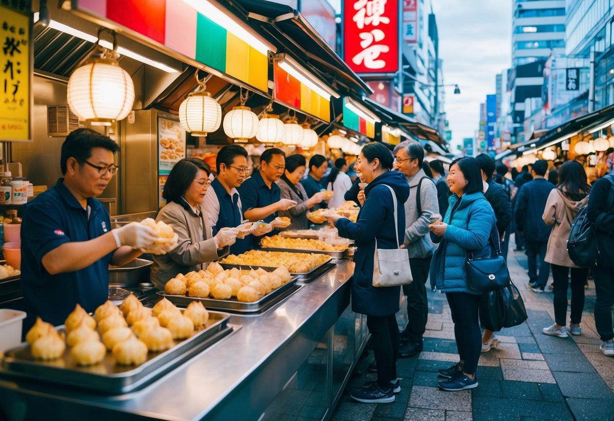 A bustling street market with colorful Takoyaki stalls and eager customers lining up for the tantalizing treats