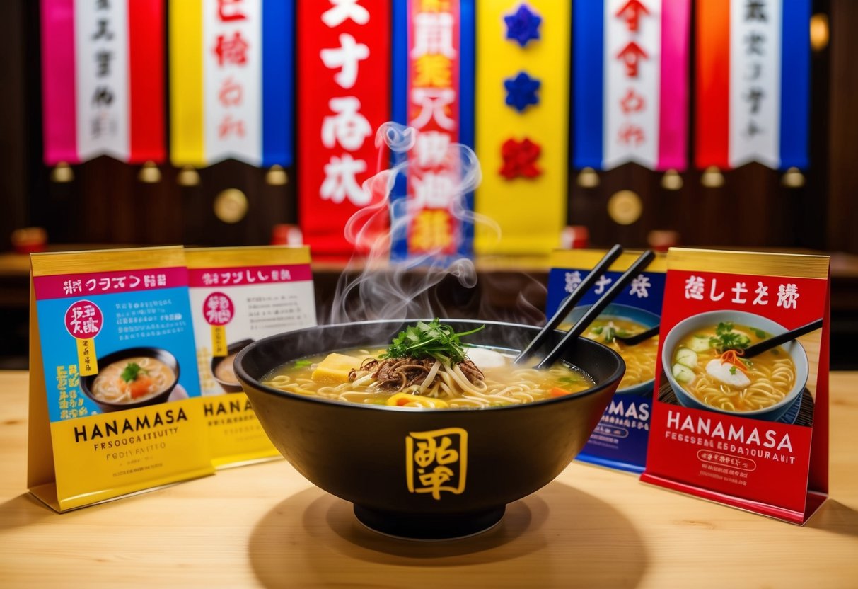 A steaming bowl of ramen surrounded by colorful promotional banners and vibrant decorations at the Hanamasa restaurant