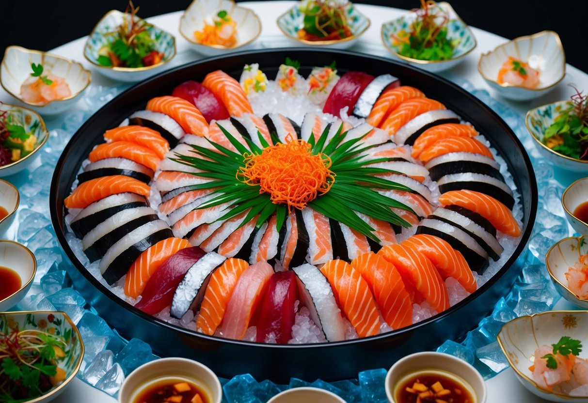A vibrant array of fresh sashimi, arranged on a bed of ice, surrounded by decorative garnishes and delicate serving dishes