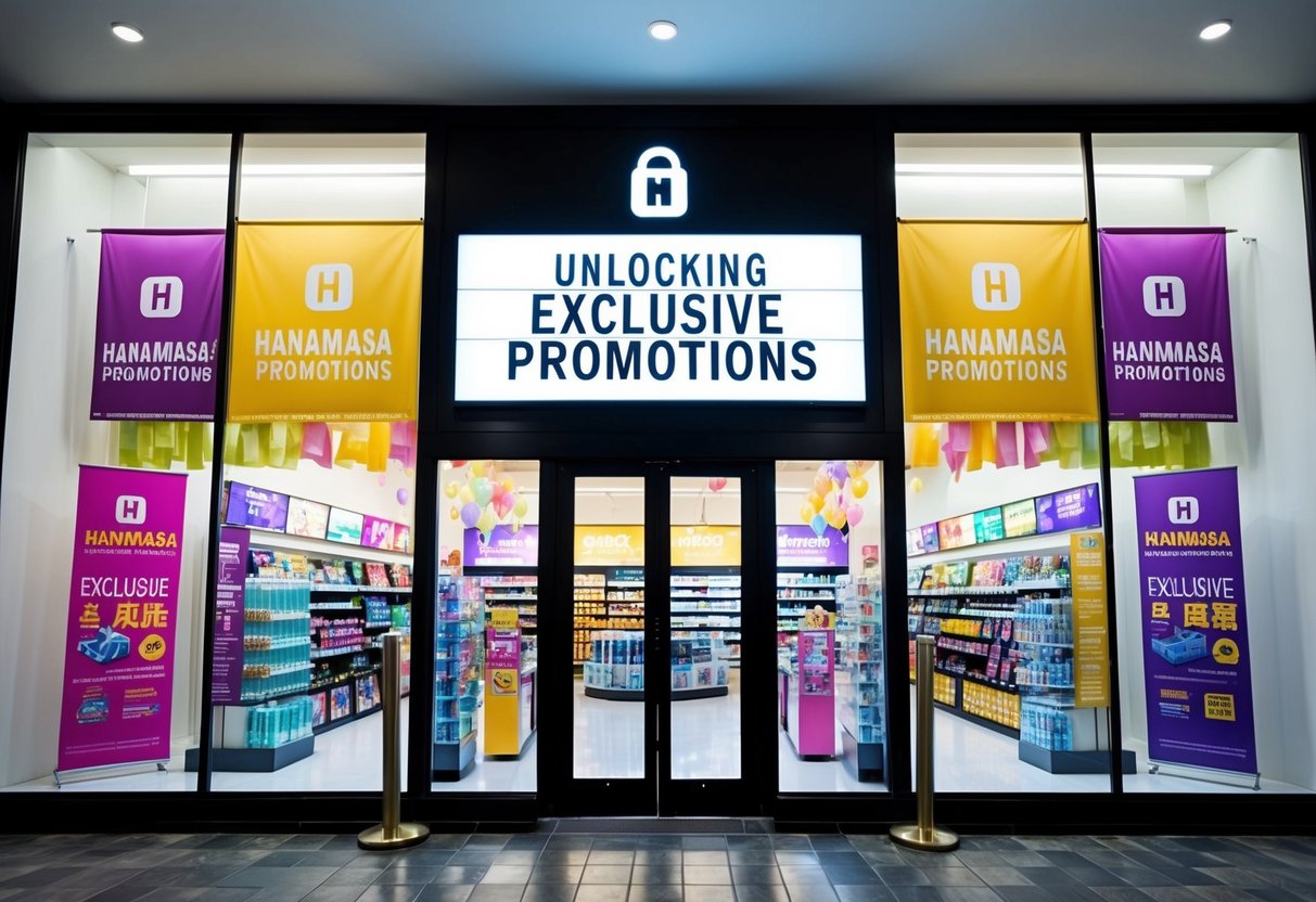 A brightly lit storefront with a large sign displaying "Unlocking Exclusive Promotions hanamasa promotions" surrounded by colorful banners and enticing product displays