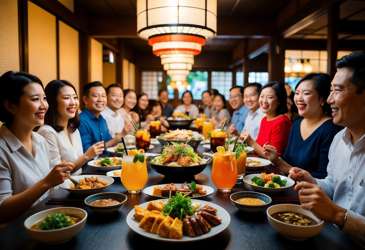 A table set with a variety of delicious dishes and drinks, surrounded by happy diners enjoying the lively atmosphere of a Hanamasa restaurant