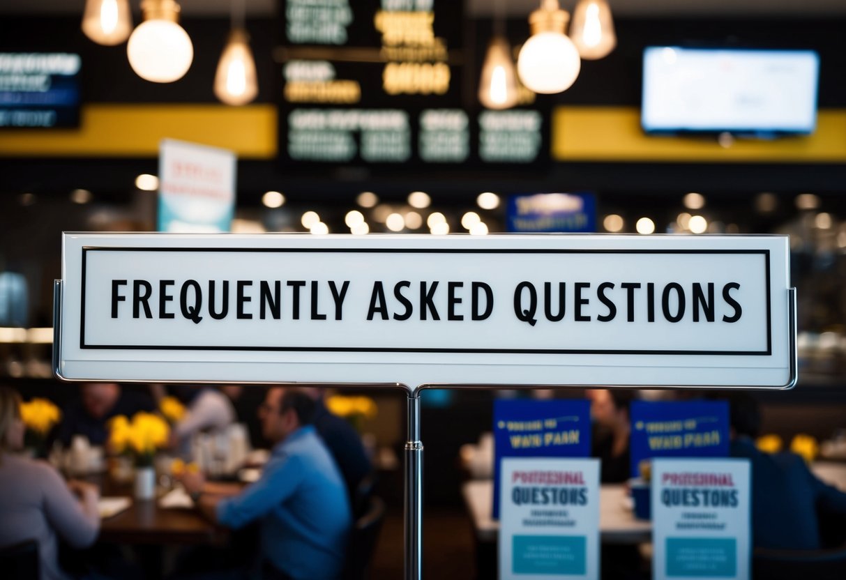 A bustling restaurant with a prominent "Frequently Asked Questions" section and various promotional materials displayed