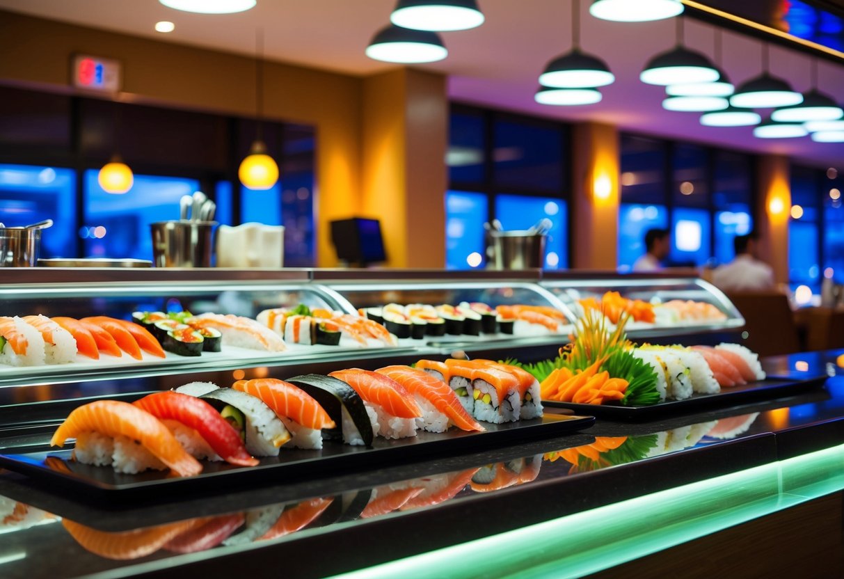 A colorful sushi bar with a variety of fresh sushi rolls and sashimi displayed on a sleek, modern counter. Bright lights and Japanese decor create a lively atmosphere