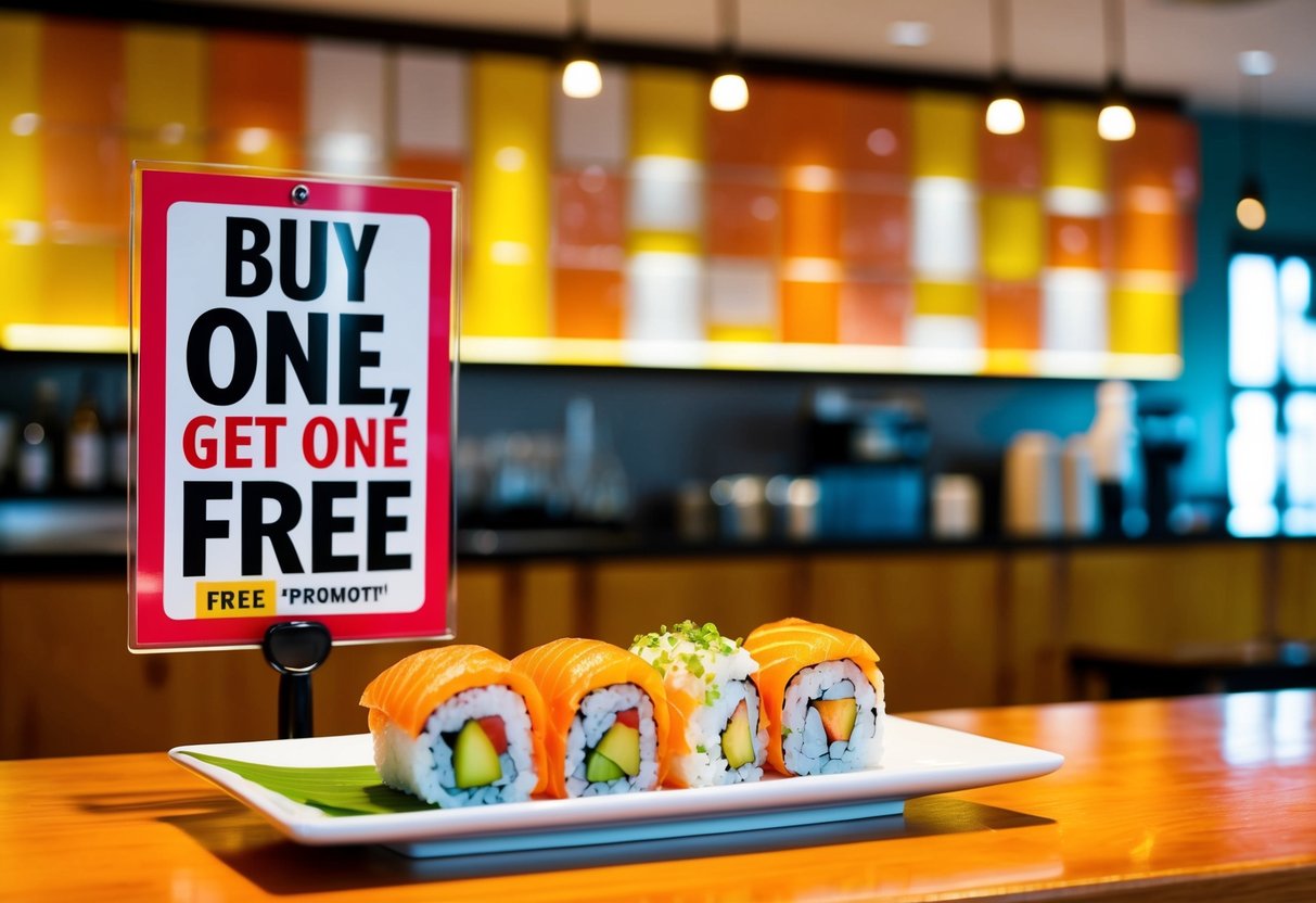 A colorful sushi bar with a plate of California rolls and a sign advertising "Buy One, Get One Free" promotion