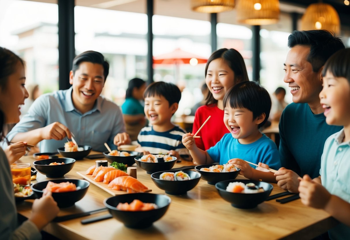 A lively restaurant scene with families enjoying sushi, kids laughing and eating free on a Sunday