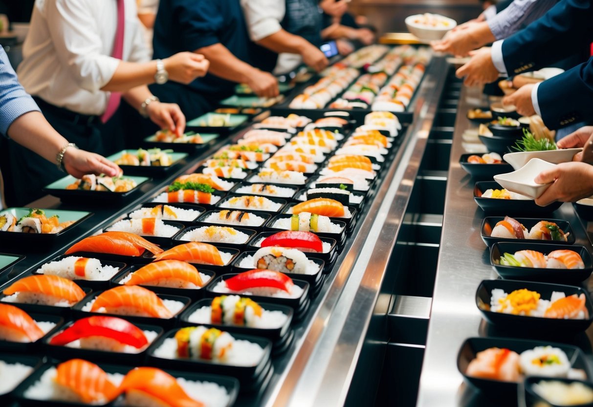 A crowded sushi restaurant with a long conveyor belt, filled with various colorful and appetizing sushi dishes. Customers happily grabbing plates as they pass by