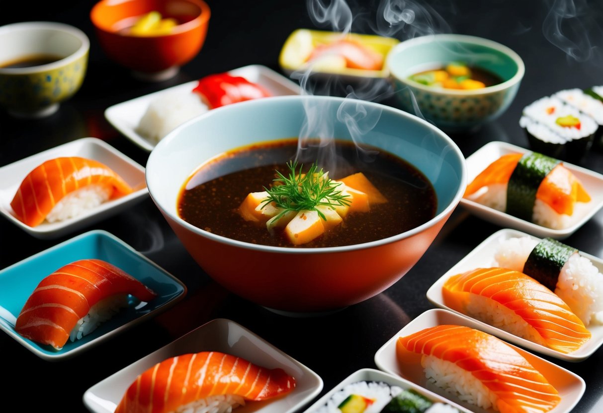 A steaming bowl of miso soup surrounded by colorful sushi dishes