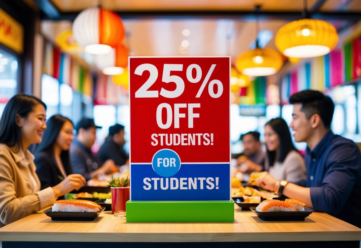 A colorful sushi restaurant with a prominent "25% off for Students!" sign displayed. Customers enjoying their meals