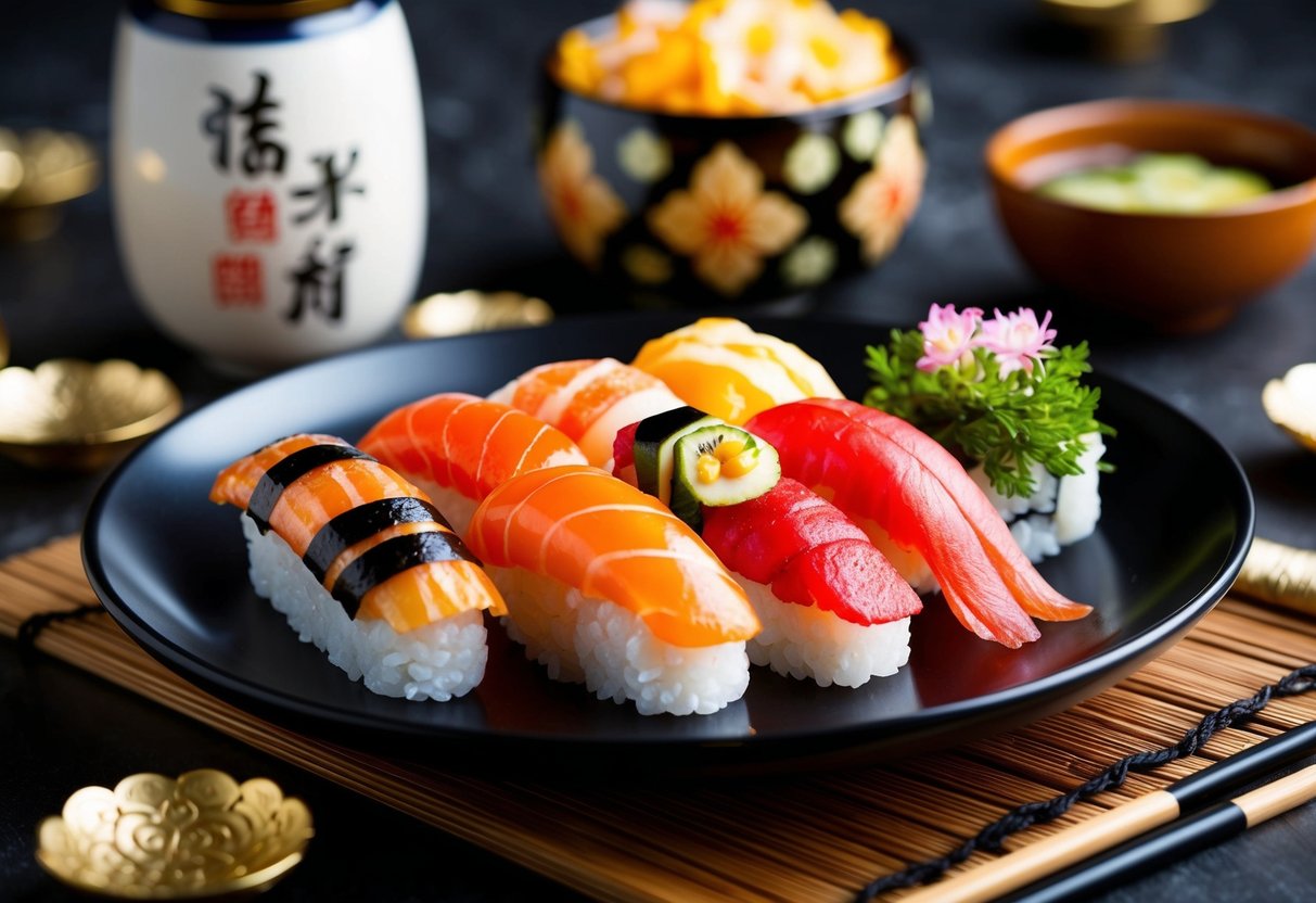 A colorful sushi platter with a tempting dessert on the side, surrounded by decorative Japanese elements