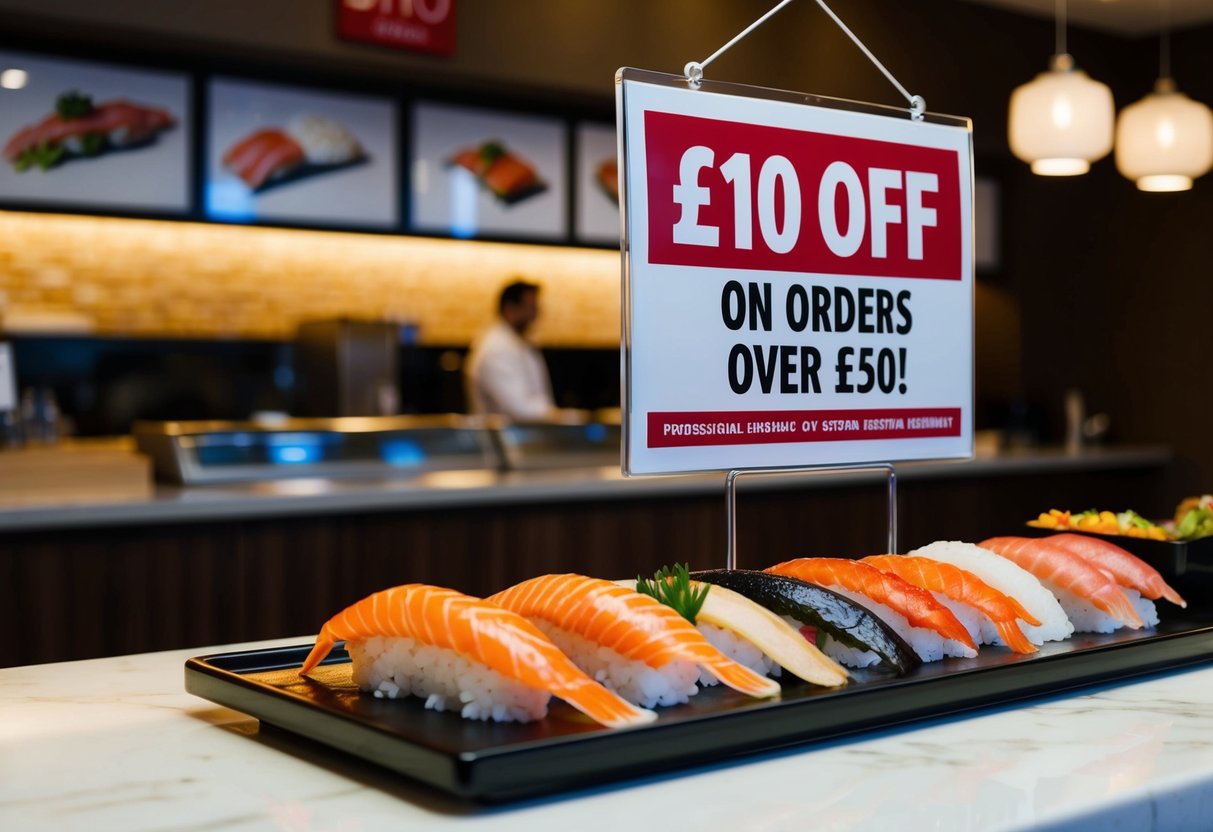 A sushi restaurant with a sign advertising "£10 Off on Orders Over £50!" and various sushi dishes on display