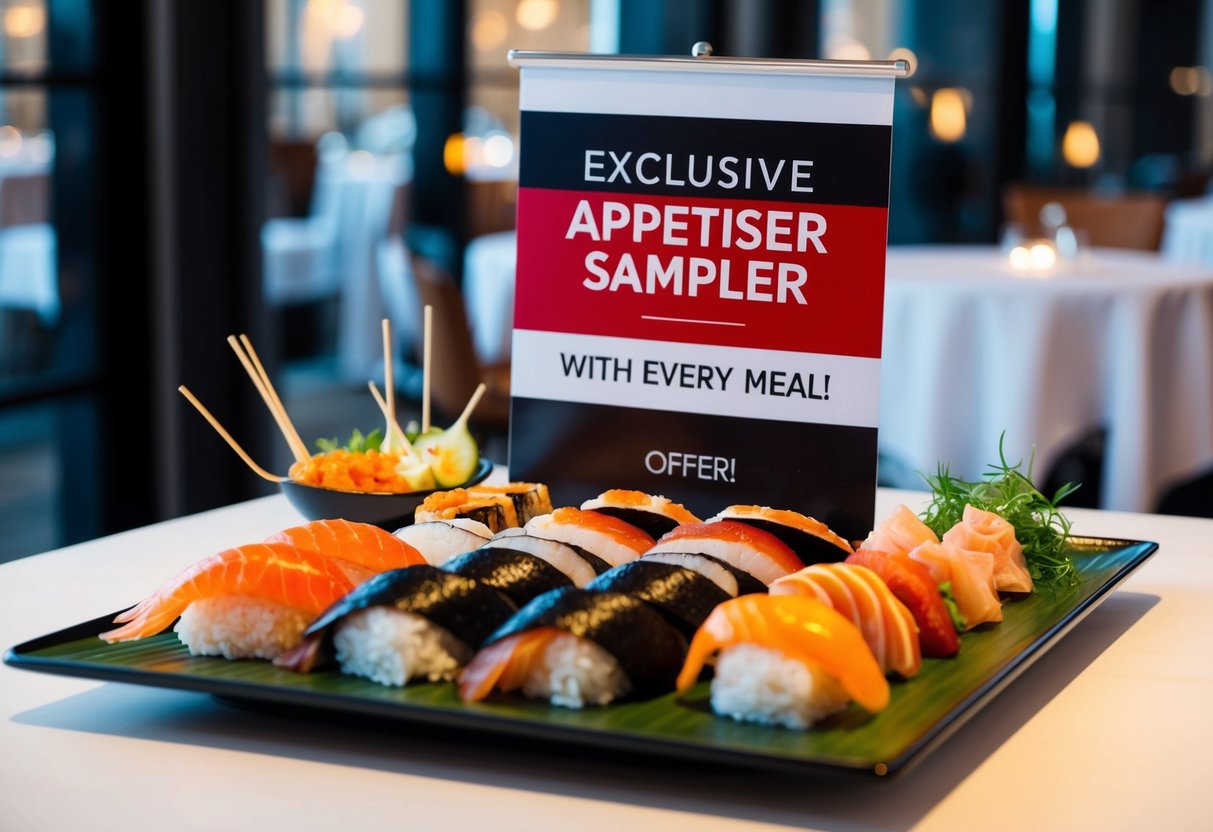 A table set with a variety of sushi, sashimi, and appetizers, with a banner promoting the "Exclusive Appetiser Sampler with Every Meal" offer