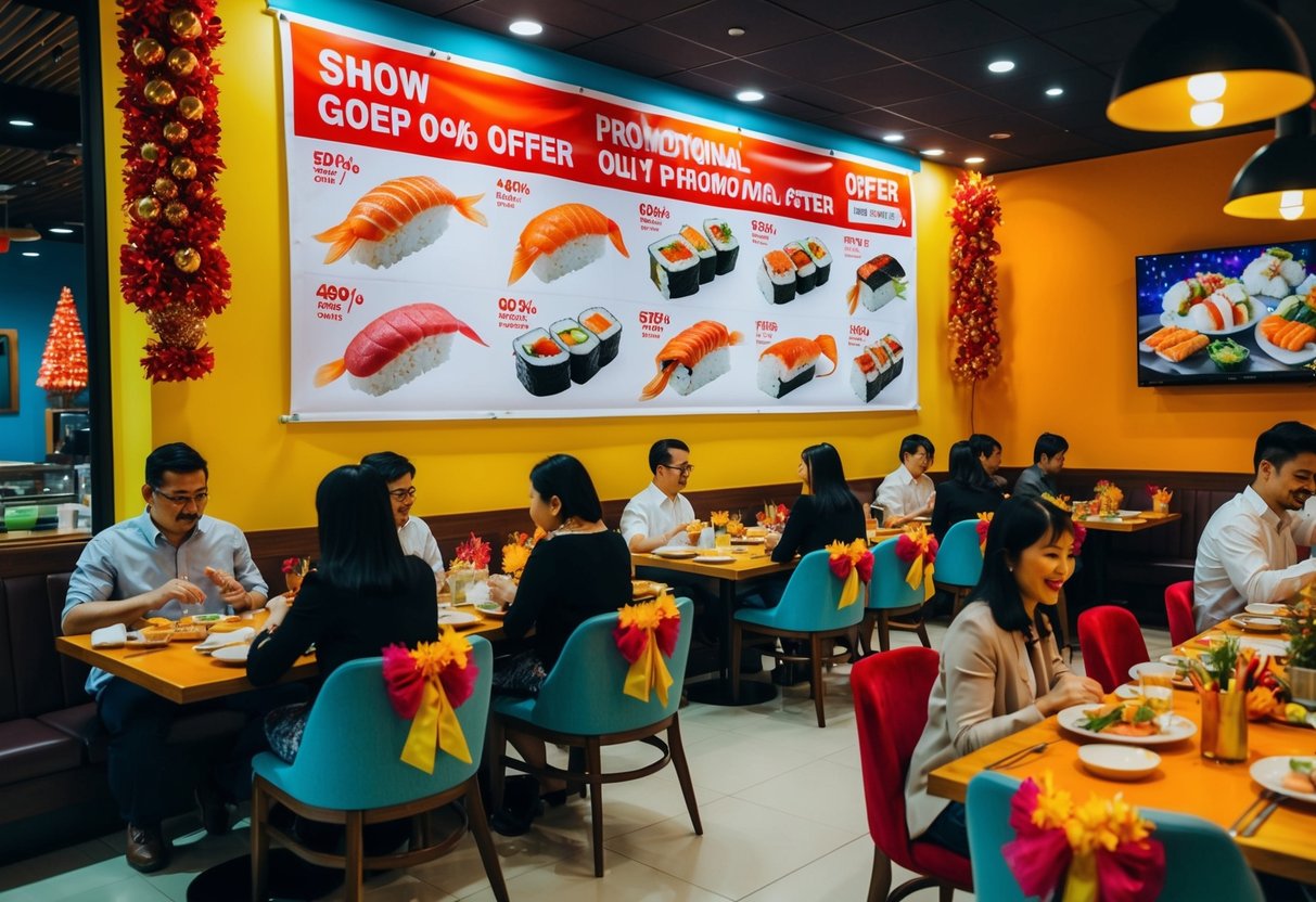 A colorful sushi restaurant with a large banner displaying various promotional offers. Customers enjoy their meals at tables adorned with festive decorations
