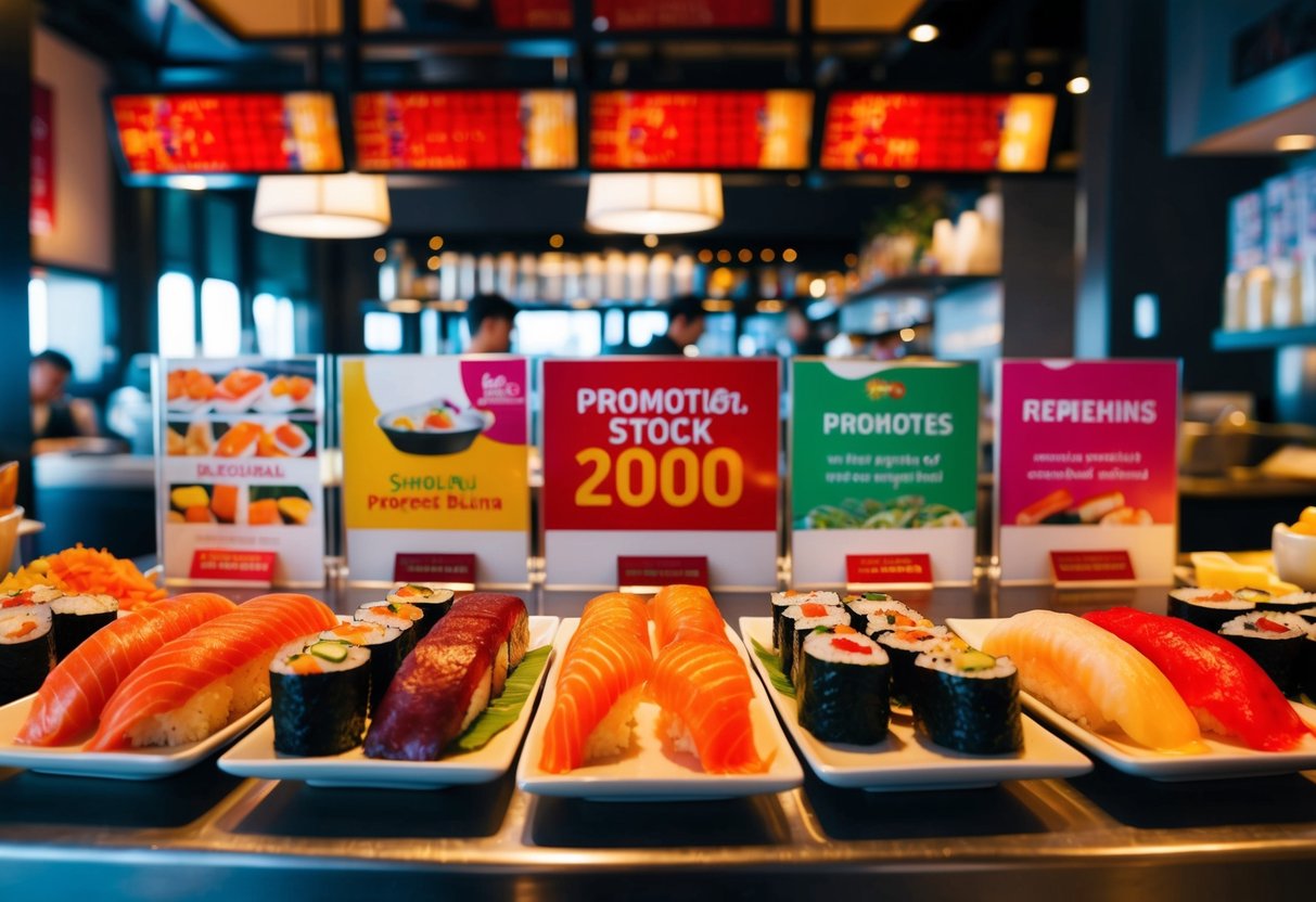 A colorful sushi spread with promotional signage displayed in a bustling restaurant setting
