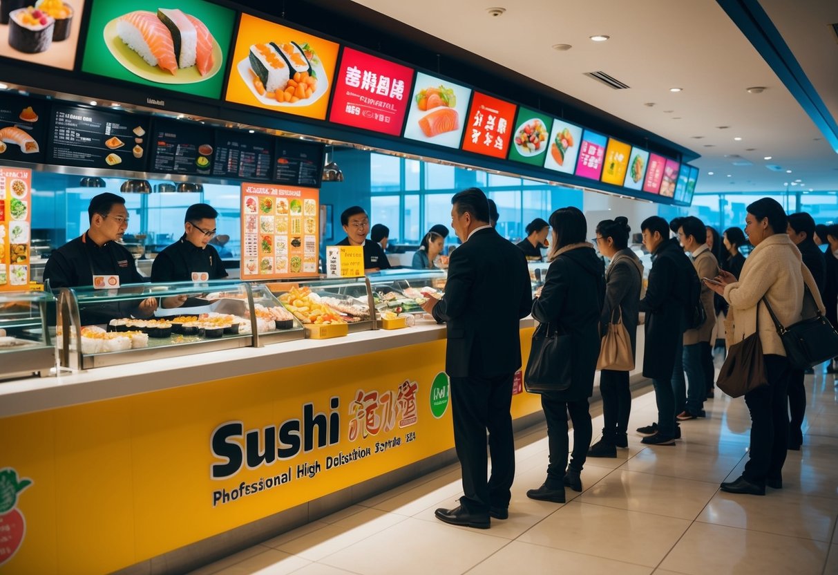 A bustling sushi restaurant with a colorful, eye-catching promotional display and a line of customers with questions