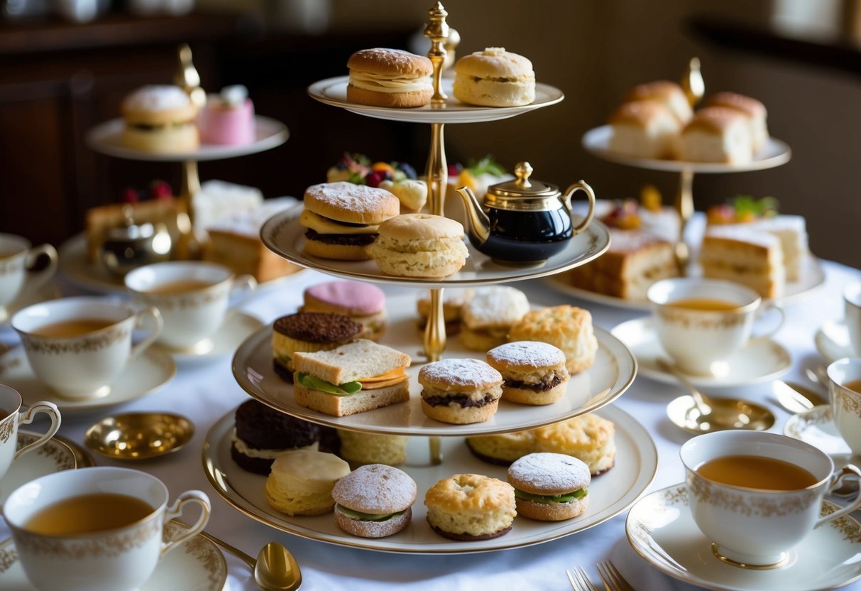 A lavish spread of delicate pastries, sandwiches, and scones, accompanied by an assortment of fine teas, elegantly displayed on a tiered buffet table