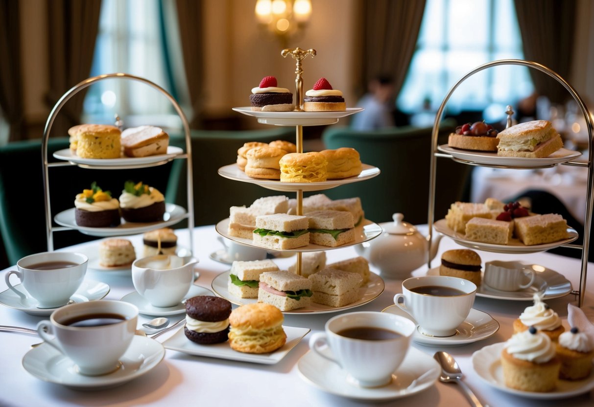 A luxurious high tea spread at The Ritz London, featuring an array of finger sandwiches, freshly baked scones, and an assortment of delicate pastries