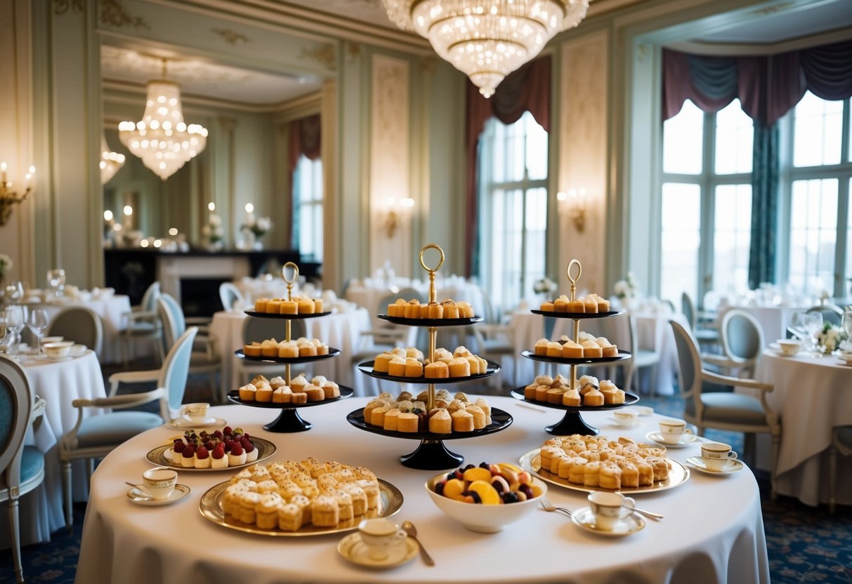 A grand Art Deco room with elegant tea tables, tiered trays of pastries, and a lavish buffet spread