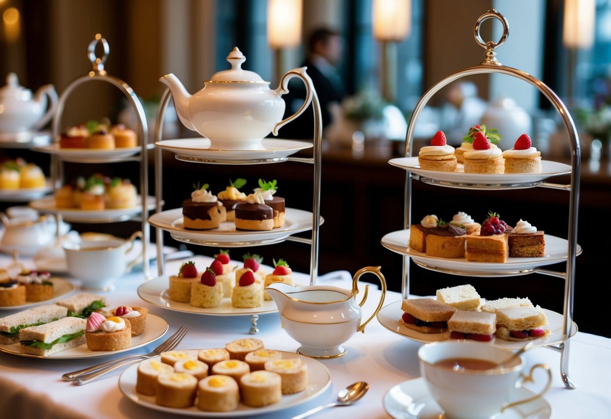 A grand display of high tea delicacies at Fortnum & Mason, with elegant teapots, tiered trays of pastries, and an array of finger sandwiches