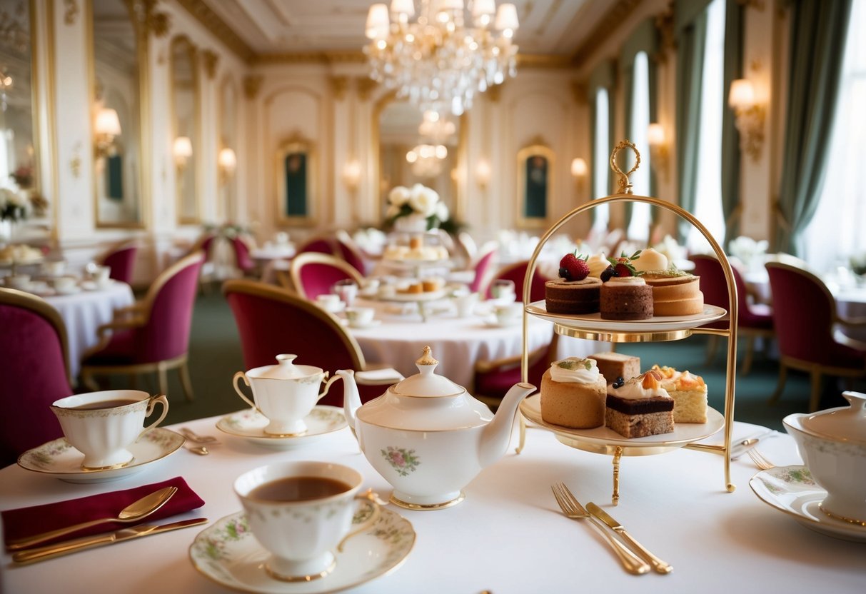 Opulent Tea Rooms with high tea buffet, elegant settings for afternoon tea